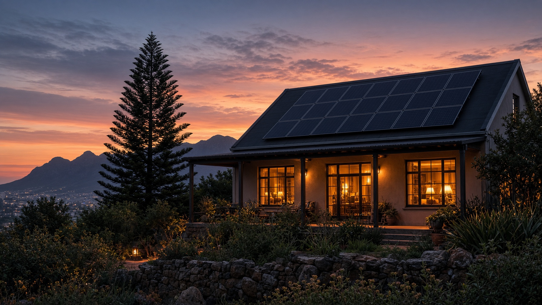 Cape Town home at dusk with solar panels on the roof