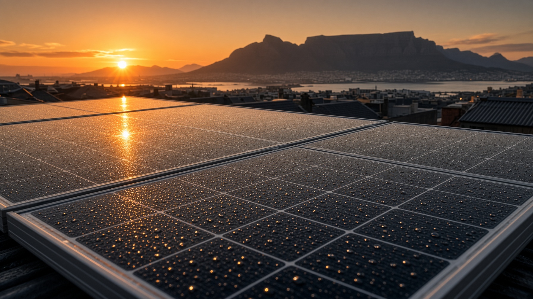 Close-up of solar panels catching Cape sunrise